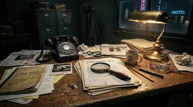 Vintage detective office desk with rotary telephone, magnifying glass, paperwork, and documents in a dark moody room