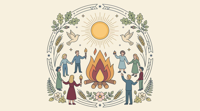 People dancing around a bonfire under the sun with doves and foliage