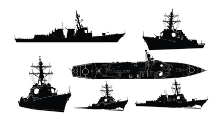 Warship silhouettes black vector illustrations on a white background © Nayem