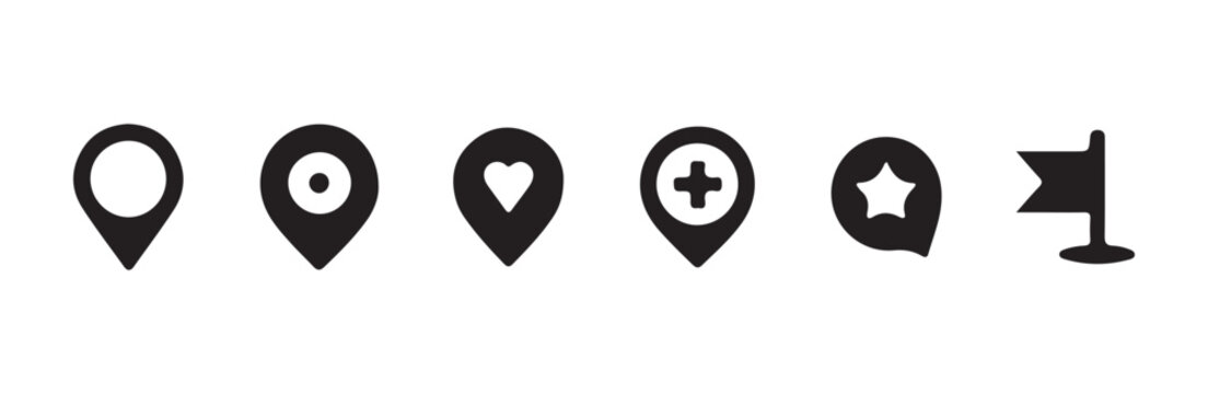 Collection of map marker pins for navigation and locations.