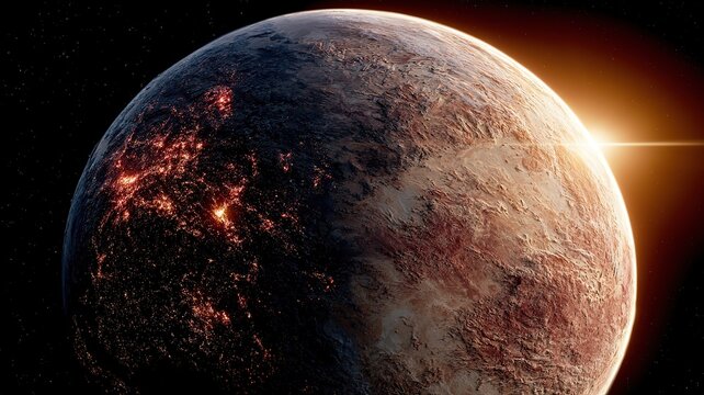 Rugged Rocky Exoplanet With Glowing Urban City Lights During Stellar Sunrise in Starry Deep Space Cosmic Landscape