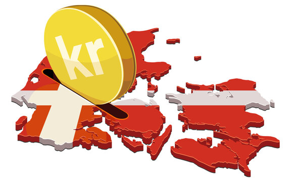Illustration representing Denmark's financial growth, domestic investment, and banking system showing a Krone coin entering a map-shaped piggy bank. (cut out)