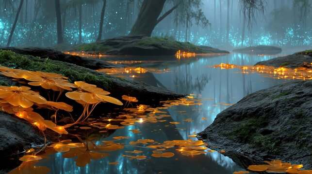 Discover magical wonders in an alien forest glowing with bioluminescent life and vibrant flora