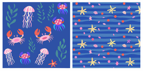 marine life pattern with jellyfish crabs and starfish © Tithi