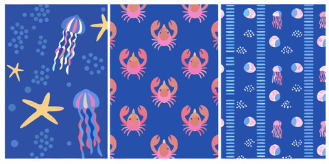 Marine life pattern with jellyfish crabs and starfish vector illustration © Tithi