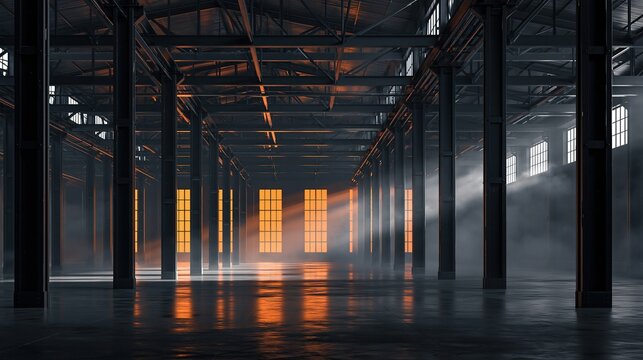 Empty old industrial warehouse interior with tall black steel columns and warm sunlight streaming through grid windows creating dusty misty atmospheric open space