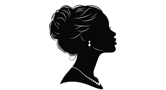 Elegant silhouette of a woman with updo hairstyle and pearl necklace profile view