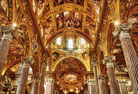 The opulent interior is the Basilica della Santissima Annunziata del Vastato located in Genoa, Italy, Europe