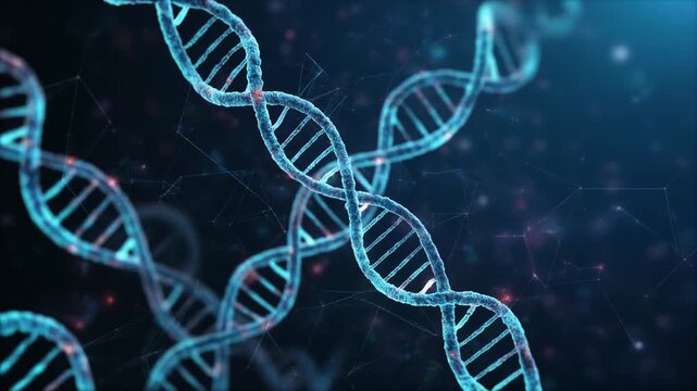 DNA strands twist in a dark scientific environment with helix structures