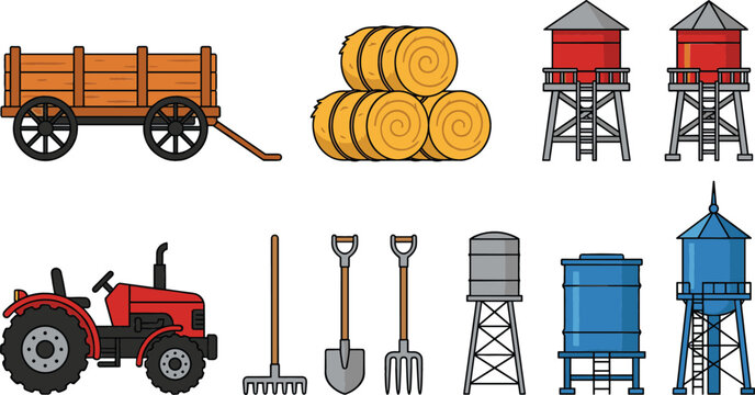 Farm Equipment and Agricultural Storage Collection with Tractor Wagon Hay and Water Towers Vector Illustration Set