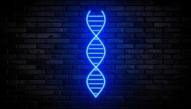 Illuminated double helix structure. A neon blue strand against a dark, textured brick wall, symbolizing genetics