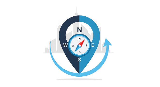 Modern vector icon of a location pin with an integrated compass and directional arrow, symbolizing efficient navigation, precise geographical positioning, and dynamic route guidance for maps