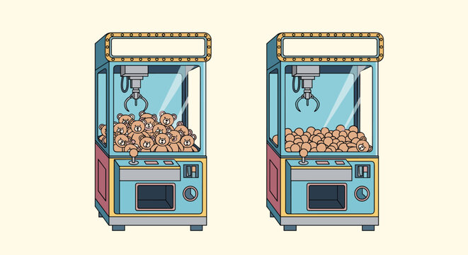 Comparison of two arcade claw machine games with one filled with many teddy bears and the other containing only a few remaining prizes.
