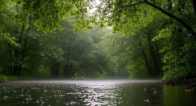 Lush, rainy forest with a serene lake, reflecting the tranquil, verdant canopy