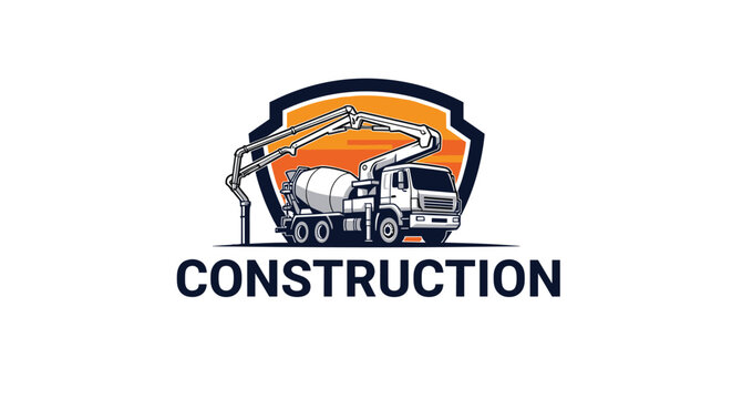 Professional construction company logo featuring a detailed white concrete mixer truck and a large boom pump inside a shield emblem.