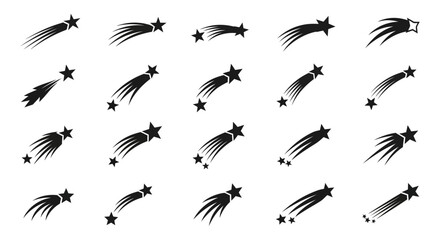Collection of black star and shooting star icons on white background symbolizing magic and wonder © PABITRA