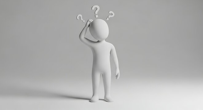 3D Character Pondering: White Figure with Hand on Head and Question Marks, Illustrating Confusion, Doubt, and Decision Making