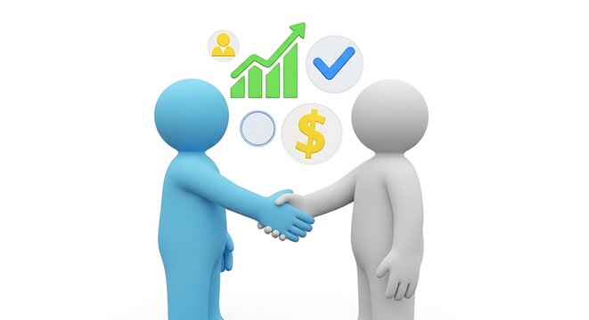Partnership Success: 3D Figures Shaking Hands with Business Growth and Agreement Icons