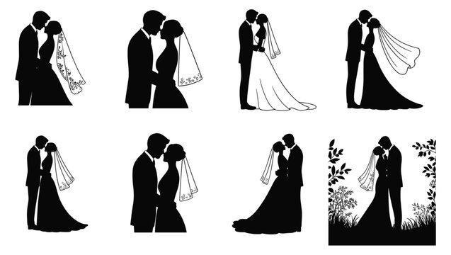 Romantic Wedding Couple Silhouettes: Elegant Bride and Groom Love Vector Collection