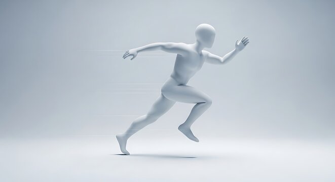 3D Render of Dynamic White Human Figure Sprinting on Minimalist Background, Symbolizing Speed, Agility, and Progress