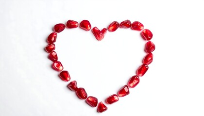 Obraz premium Heart shape formed from vibrant red pomegranate seeds against a clean white backdrop, symbolizing love and affection