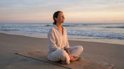 Fototapeta premium Woman sitting cross legged on yoga mat at beach during sunset, enjoying peaceful moment with closed eyes and calm expression