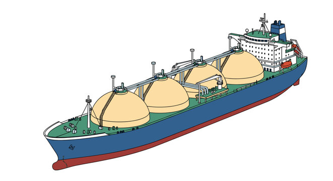 Immense liquefied natural gas carrier ship featuring four massive spherical containment tanks on deck sailing on a white background.