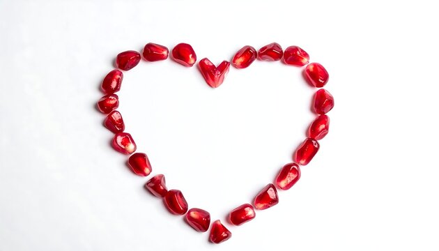 Heart shape formed from vibrant red pomegranate seeds against a clean white backdrop, symbolizing love and affection