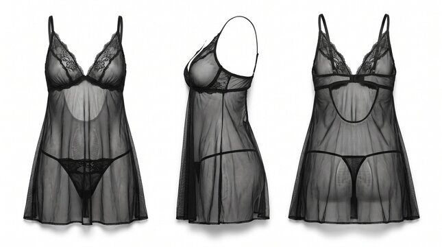 black sheer lingerie chemise front side back views studio product fashion underwear