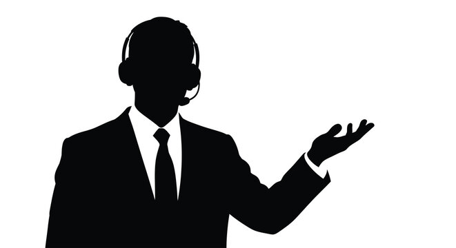 Silhouette of a businessman wearing a headset and presenting