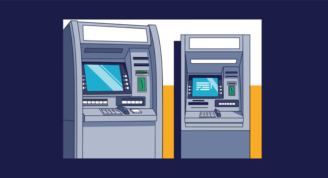 Pair of modern automated teller machines standing side by side in a bank lobby against a dark blue and orange wall.