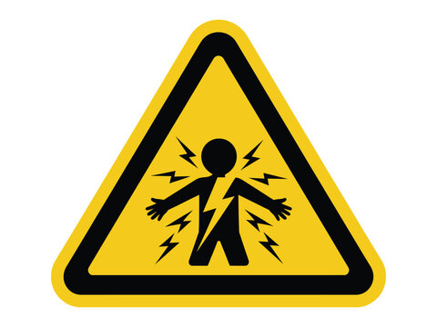 Electrical hazard warning sign with a person being electrocuted on a yellow background
