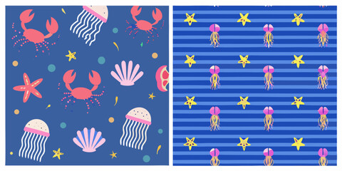 Marine life pattern with jellyfish crabs and shells vector illustration © Ganesh