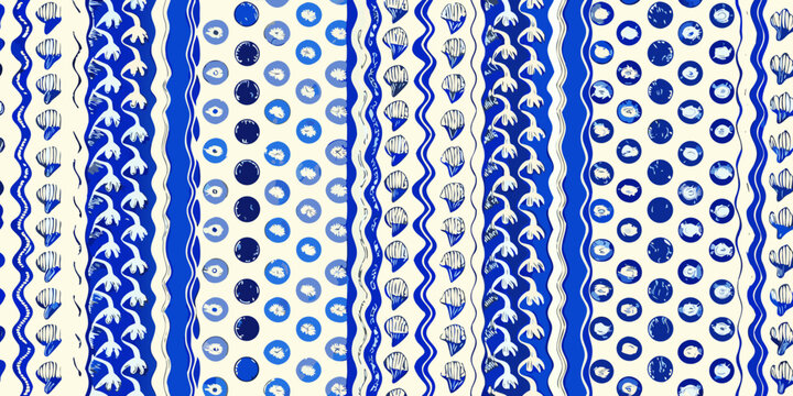 blue and white seashell and floral pattern seamless repeating design