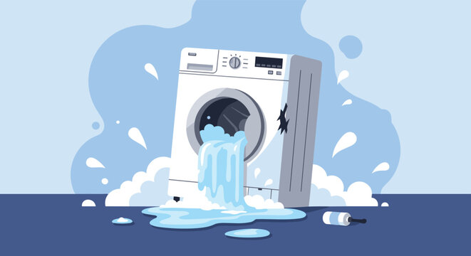 Broken washing machine leaking water and soap suds on the floor illustrating a common household appliance failure.