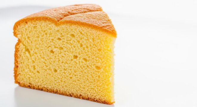 A close-up shot of a delicate, golden sugar sponge cake slice showing its airy, fluffy, and tender texture, perfect for dessert, comfort food, light, indulgence