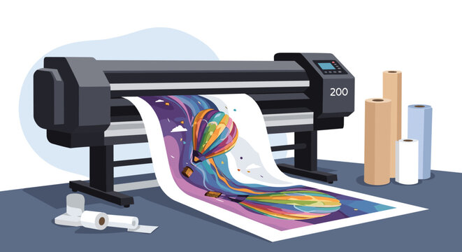 Professional large format plotter printer producing a colorful graphic of hot air balloons in a print shop environment.