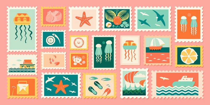 Collection of vintage travel stamps with tropical and marine life