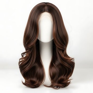 Luxurious, long, wavy chestnut brown synthetic wig on a white mannequin