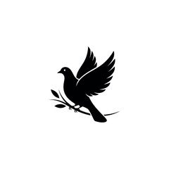 Fototapeta premium Black silhouette of a dove perched on a branch.