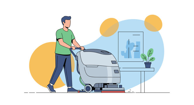 Professional cleaner operating a floor scrubbing machine in an office or commercial space for building maintenance.