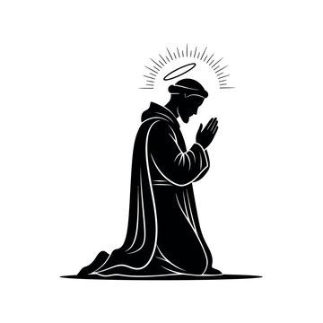 Monk praying with halo and rays of light.