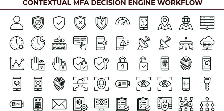Contextual MFA decision engine workflow outline icon set for cybersecurity authentication dashboards and enterprise security applications
