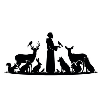 Saint Francis of Assisi surrounded by animals in silhouette.