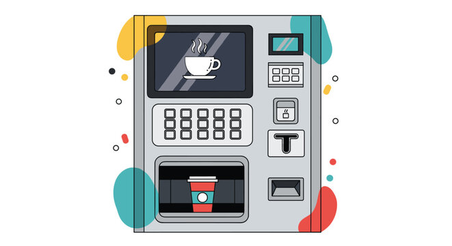 Modern coffee vending machine illustration featuring a digital touch screen and a fresh paper cup ready to be served.