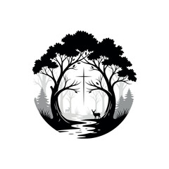 Serene Forest Scene with Deer and Cross. © Dira