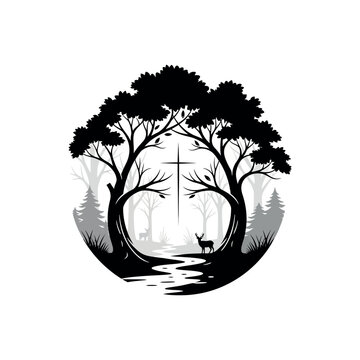 Serene Forest Scene with Deer and Cross.