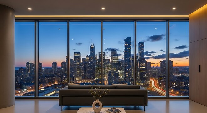 Luxurious modern apartment living room with panoramic city skyline view at dusk