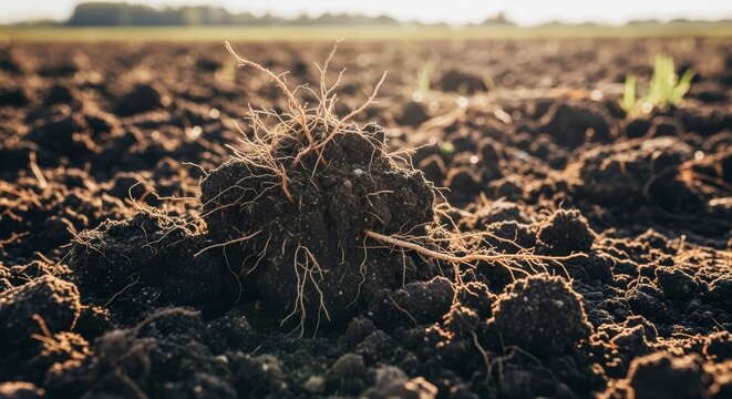 Rich Dark Loamy Soil with Visible Roots and Sunlight in an Agricultural Field