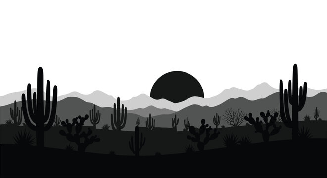 Desert landscape silhouette with cacti and mountains at sunset minimalist vector illustration
